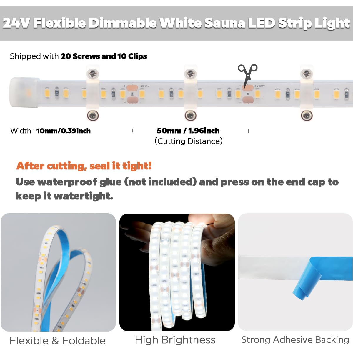SuperlightingLED DC24V LED Tape 6000K Sauna Lights for Inside Sauna, Flexible High Temperature Rated & IP68 LED Strip Light Water-Submersible, 600 LEDs Bright & 5m 16.4ft Long (6000K Daylight White)