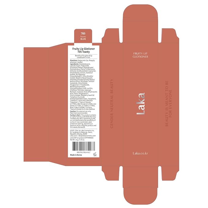 Laka Fruity Lip Glotioner, 10ml/0.33 fl.oz, Lip Gloss with High Shine Vivid Colors, Jelly tip for Hygienic & Easy Application, K-Beauty (#705 Toasty)
