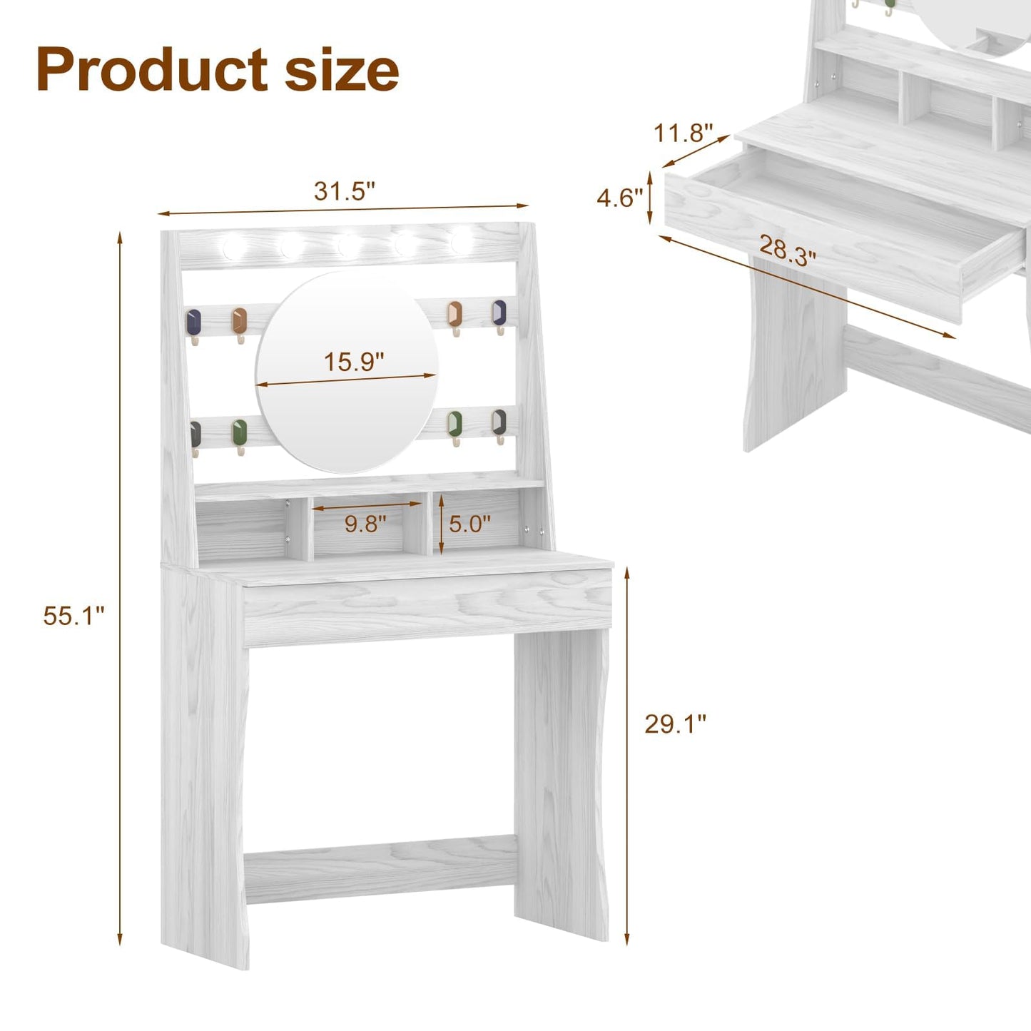 HedoAjim Vanity Desk with Lights, Makeup Table with Mirror, Dressing Table with 5 Hollywood Bulbs, 3 Adjustable Lighting Colors, Small Vanity Desk for Bedroom (Wood Grain)
