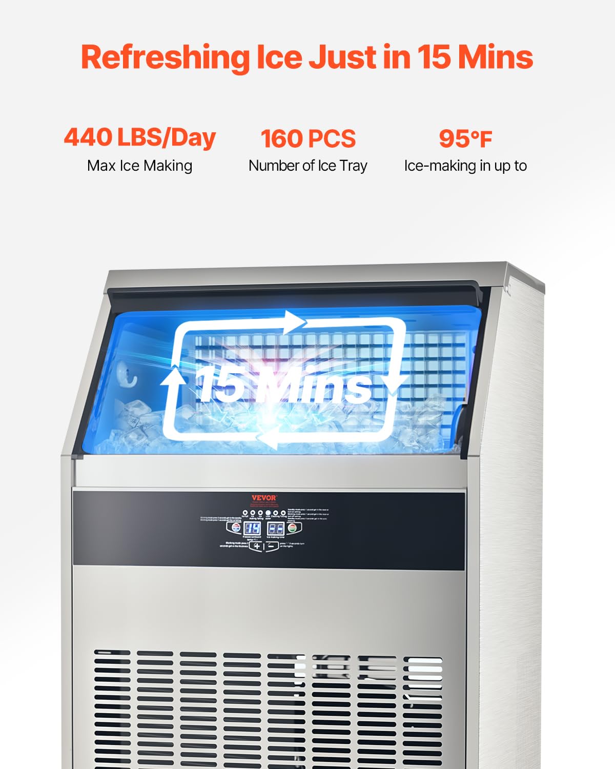 VEVOR Commercial Ice Maker, 440lb/24h Ice Maker, Storage Capacity, 120lbs, 160 Ice Cubes in 15min, LED Digital Display Freestanding Self-Cleaning for Bar Office Restaurant