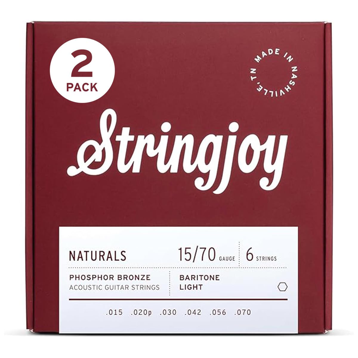 Stringjoy Baritone Light Gauge Naturals Phosphor Bronze Acoustic Guitar Strings 15-70, NB1570, Long-Lasting Clear & Shimmering T