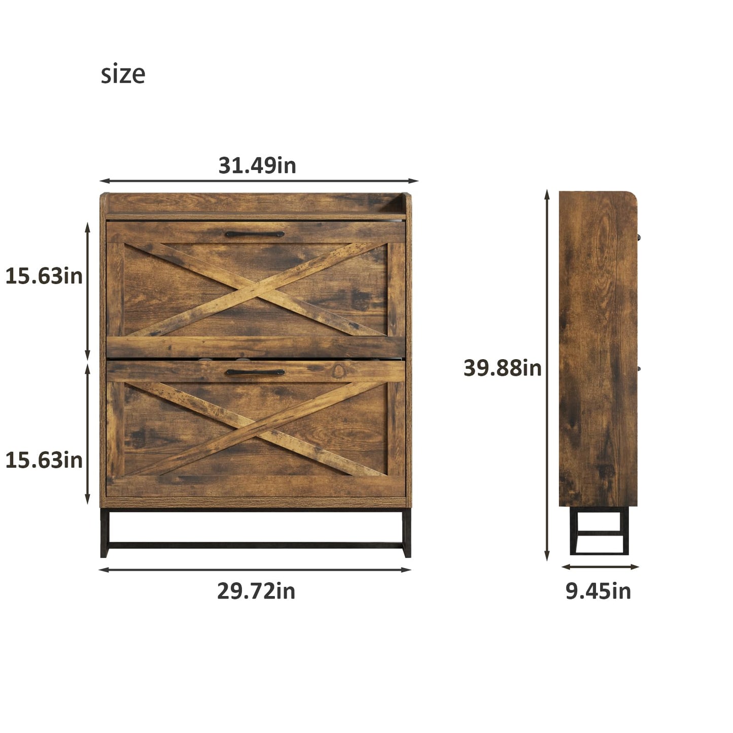 Maupvit Shoe Storage Cabinet with 2 Flip Drawers, Freestanding Shoe Organizer with Metal Legs for Entryway, Narrow Shoe Rack Cabinet, Rustic Brown