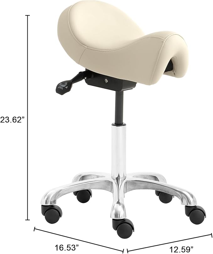 Saddle Stool with Wheels, Height Adjustable Ergonomic Rolling Saddle Chair for Salon Tattoo Shop Spa Home Dentist Clinic, Beige Saddle Stool