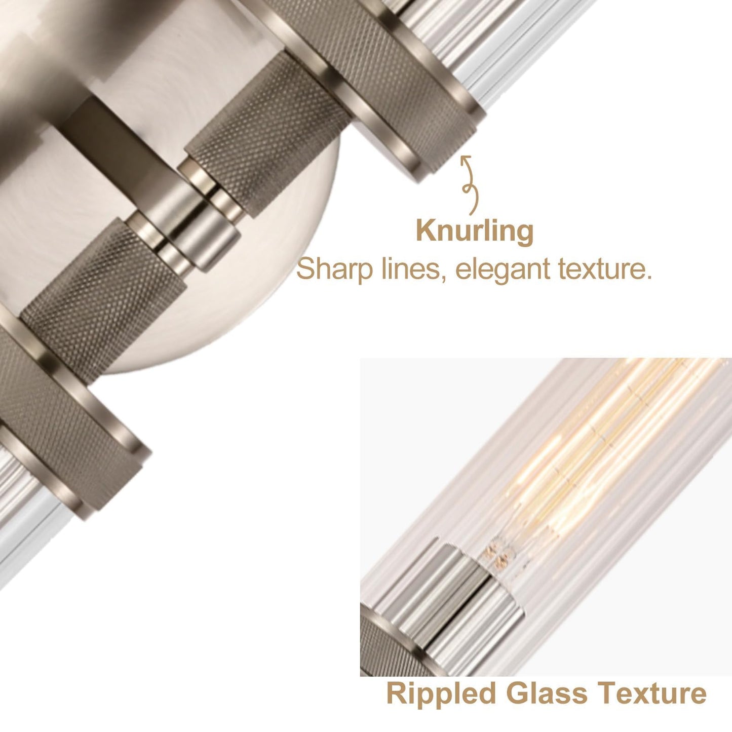 LaLuLa 2-Light Brushed Nickel Vanity Wall Lights Set of 2 –Hardwired Bathroom Light Fixtures with Rippled Glass Shades and Textured Metal Body, Chrome Accent Sconces for Over Mirror or Hallway