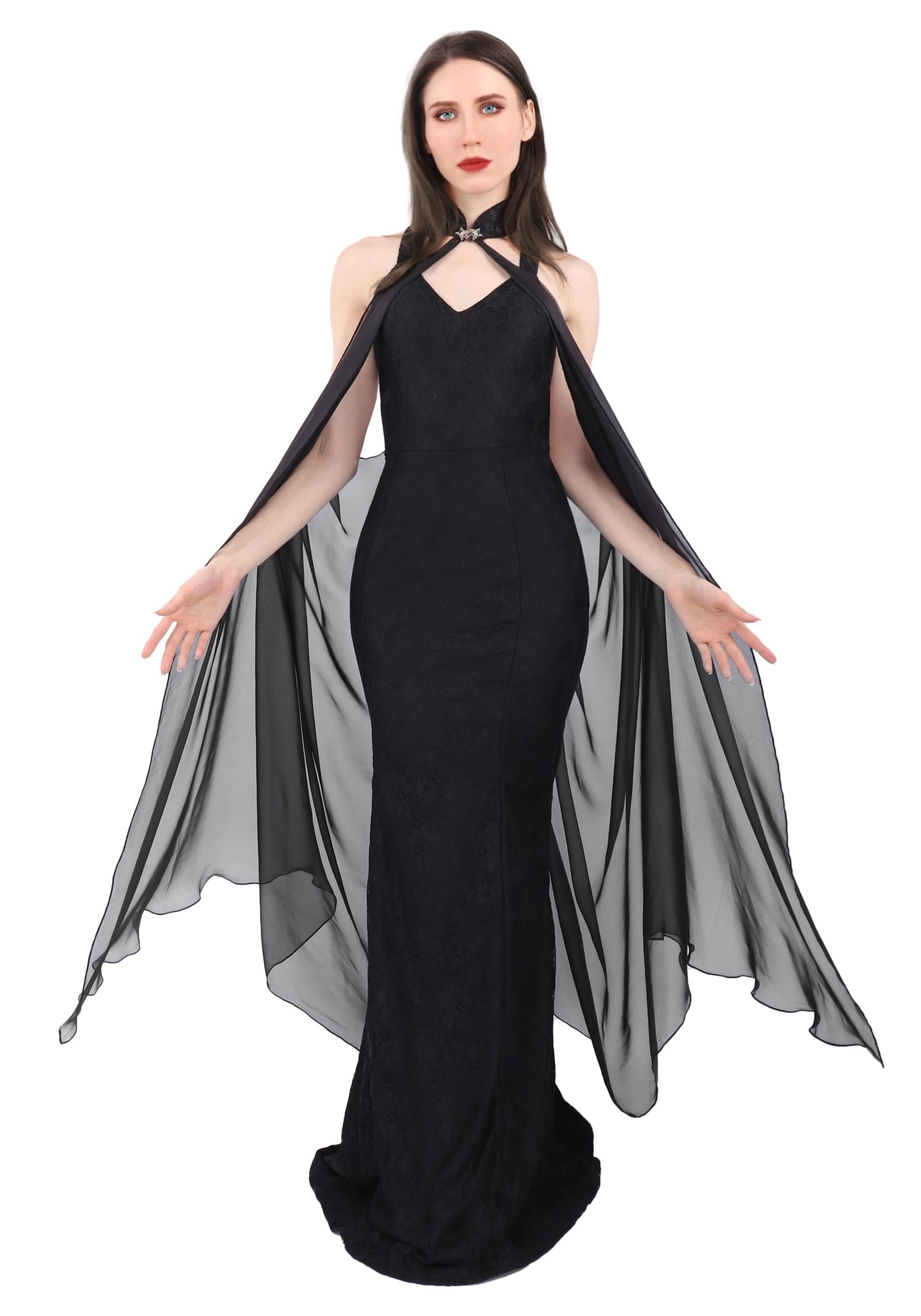 DAZCOS Chiffon Shawls Cape for Women Tulle Cloak Sheer for Evening Glamour Dresses Wedding Collared Halter Capelet (Black)