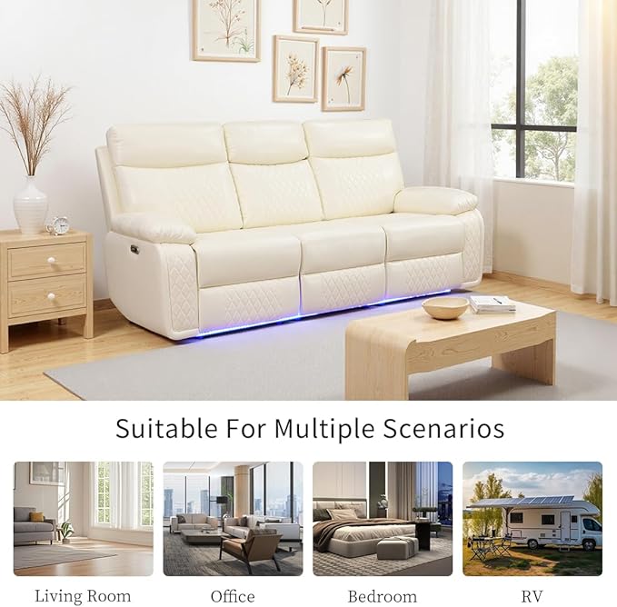 Toseslo Power Recliner Sofa Sectional Couches with LED Light, Leather Reclining 3-Seat Sofa, Living Room Furniture, Reclining Sofa with Cup Holders/Storage Console for House(Vanilla White)