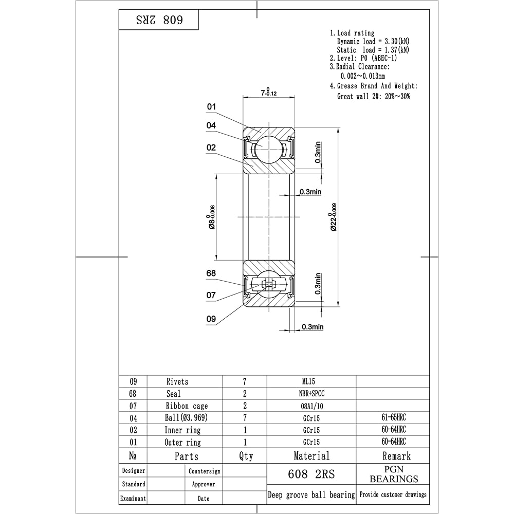 PGN (10 Pack) 608-2RS Bearing - Lubricated Chrome Steel Sealed Ball Bearing - 8x22x7mm Bearings with Rubber Seal & High RPM Support