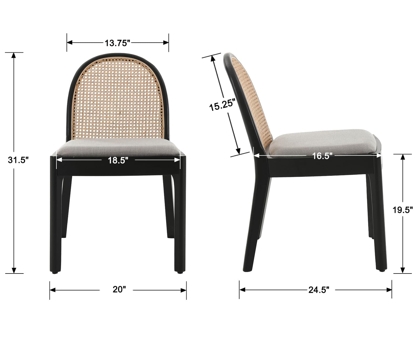 DAYALANE Rattan Dining Chairs Set of 4, Modern Dining Room Chairs with Cane Back Comfy Accent Kitchen Chair Upholstered Linen Fabric Chair for Restaurant/Living Room, Grey