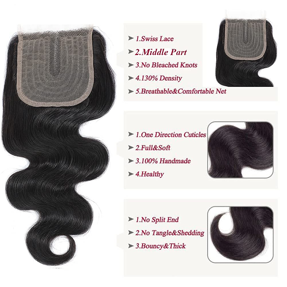 Amella Hair Brazilian Body Wave Hair 3 Bundles with T part lace Closure Middle Part,Brazilian Virgin Hair 4x0.75 inch Lace Closu