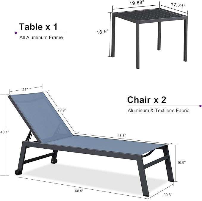 PURPLE LEAF Outdoor Chaise Lounge Set for 2 Oversized Pool Lounge Chairs with Easy-to-Move Wheels and Adjustable Backrest Extra Large Patio Loungers for Poolside Deck Beach Yard Table Included, Indigo
