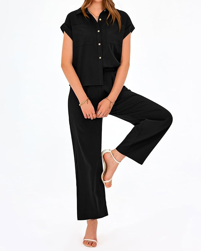 PRETTYGARDEN Womens 2 Piece sets Summer Cap Sleeve Tops Palazzo Pants Dressy Casual Vacation Travel Outfits Tracksuits