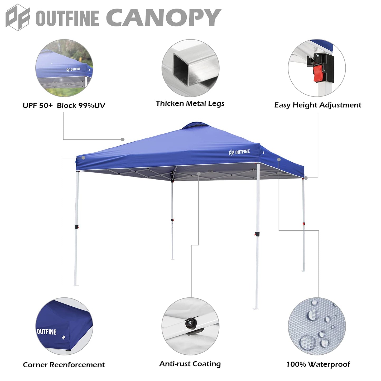 OUTFINE Pop-up Canopy 10x10 Patio Tent Instant Gazebo Canopy with Wheeled Bag,Canopy Sandbags x4,Tent Stakesx8 (Blue, 10 * 10FT)