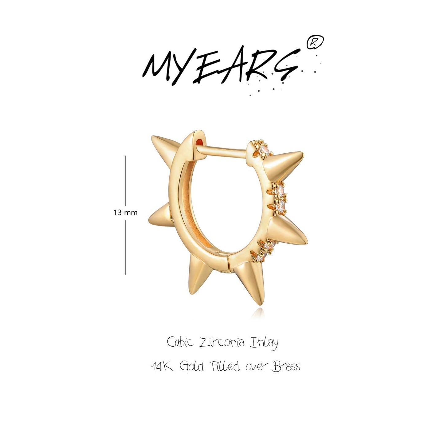 MYEARS Women Spike Earrings Gold Huggie Hoop Ear Stud Cuff Cubic Zirconia 14K Small Simple Hypoallergenic Everyday Jewelry
