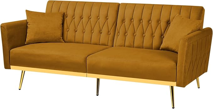 ACMEASE 70” Velvet Futon Sofa Bed with 2 Pillows and Adjustable Armrests, Convertible Sleeper Bed W/Adjustable Backrests, Modern Loveseat for Living Room, Bedroom, Ginger