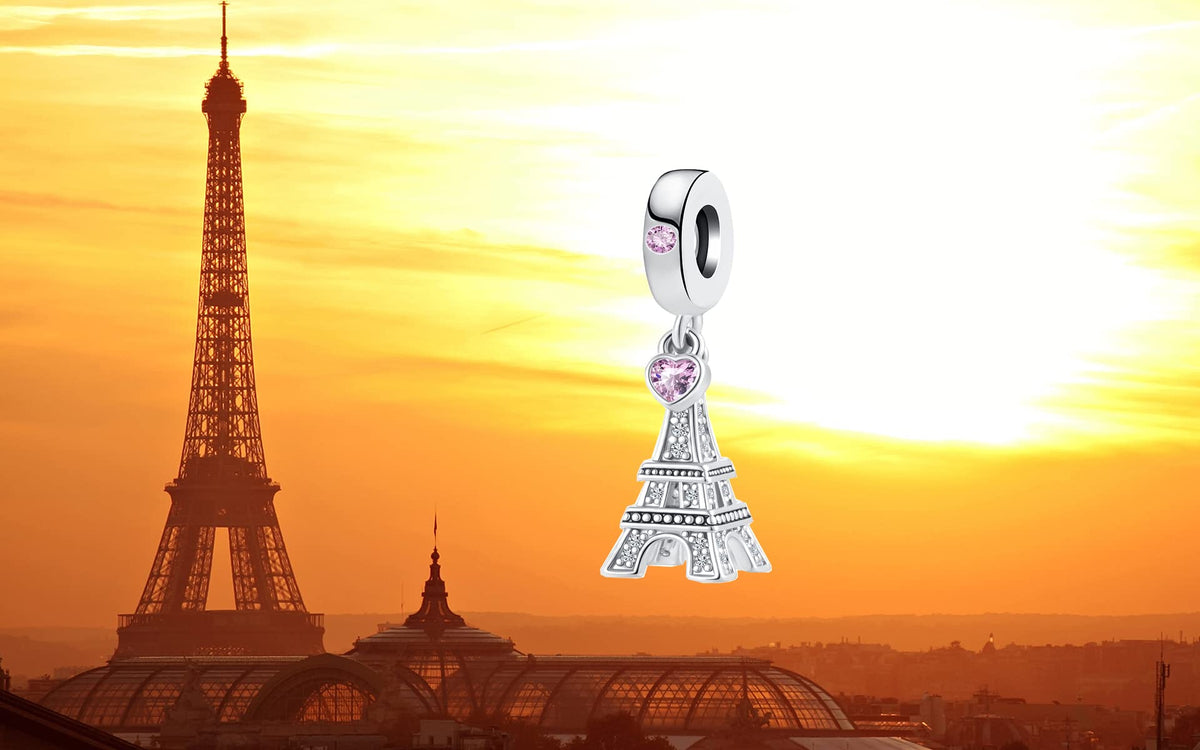 YQSLIN Eiffel Tower Dangle Charm Pink Rhineston Heart Love Travel Paris Bead Charms fit Pandora Charm Bracelet Necklace for Wome