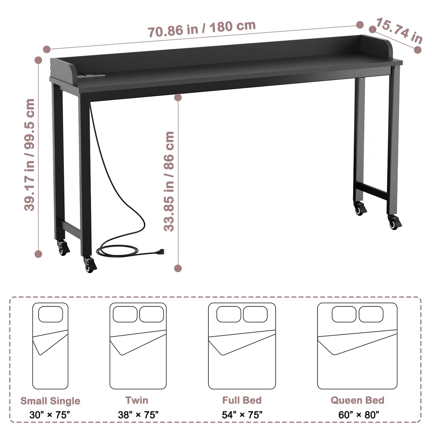 Ytaoka Overbed Table with Wheels, 70.8" Queen Size Bed Table Over the Bed Table with Charging Station, Rolling Laptop Table Over Bed Desk with 2 AC Outlets and 2 USB Ports for Home and Hospital, Black