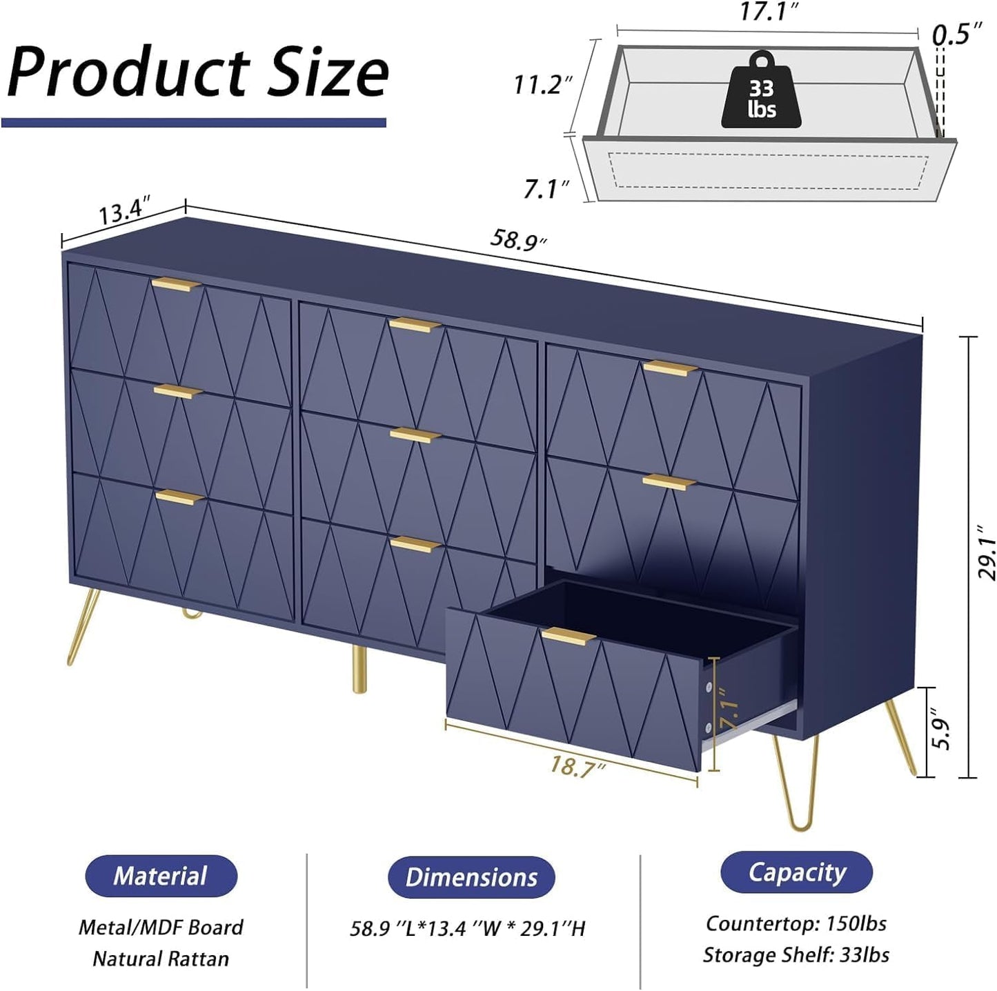 UEV Navy Blue Dresser for Bedroom,Modern 9 Drawer Chest with Gold Accents,Long Storage Dresser for TV Stand & Closet,Large Chest of Drawers for Bedroom