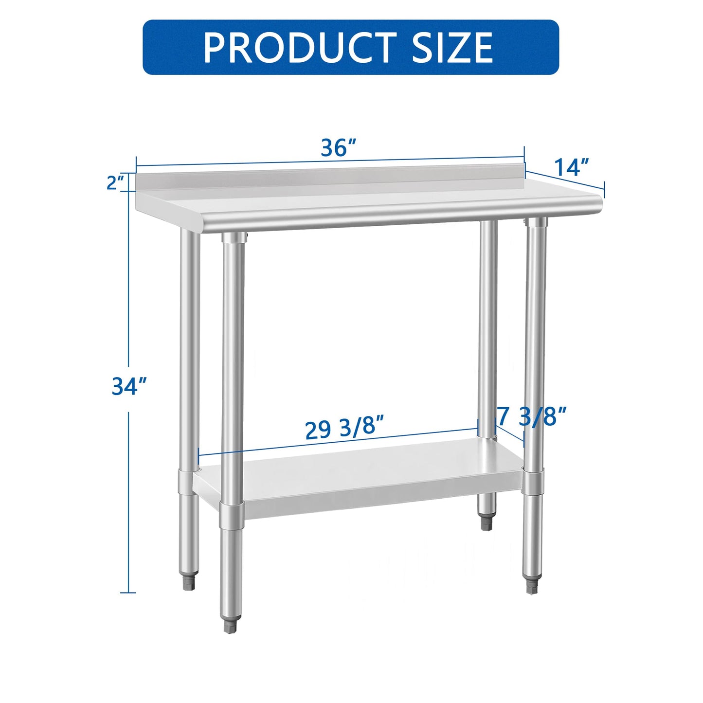 HARDURA Stainless Steel Commercial Work Table Prep Work Metal Table 14×36 Inches with Undershelf and 2" Backsplash Heavy Duty NSF 430 for Kitchen Food Prep