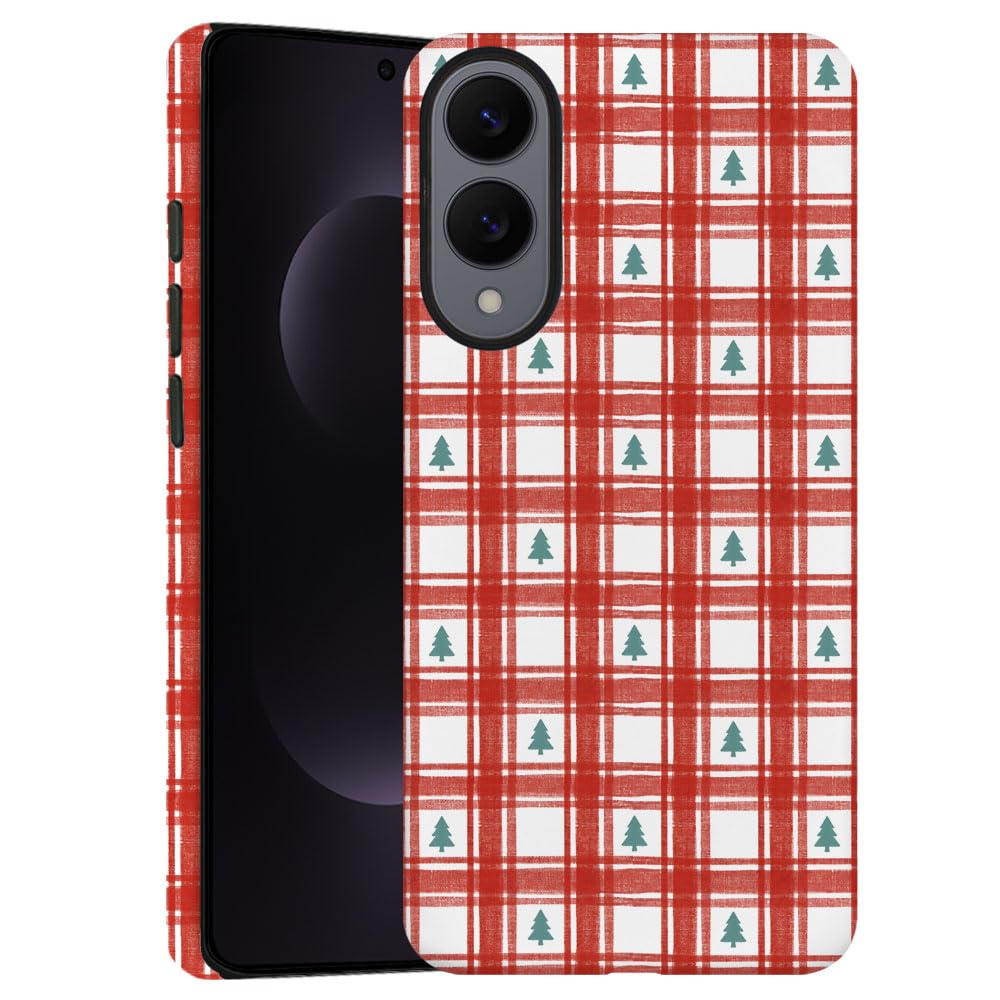TnXee Case for Samsung Galaxy S25 Edge,Christmas Tree Red Gingham Pattern Phone Case Drop Resistant Frosted 2 in 1 Solid Dual-La
