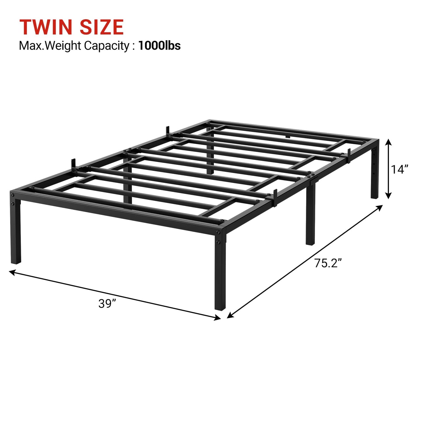 MilleLoom 14" Twin Size Bed Frame, Metal Bed Frame with Steel Slat Support, No Box Spring Needed, Noise-Free & Anti-Slip, Under Bed Storage, Easy Assembly