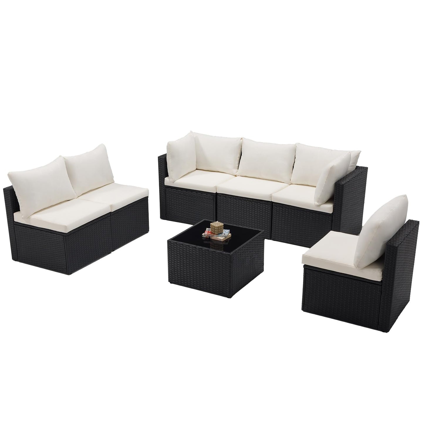 DUMOS 7 Piece Outdoor Patio Sectional Sofa, Modular Wicker Furniture Set with 2.8" Thick Cushions, Adjustable Feet, Weather-Resistant Rattan Outdoor Couch for Backyard, Deck, Garden, Poolside, Black