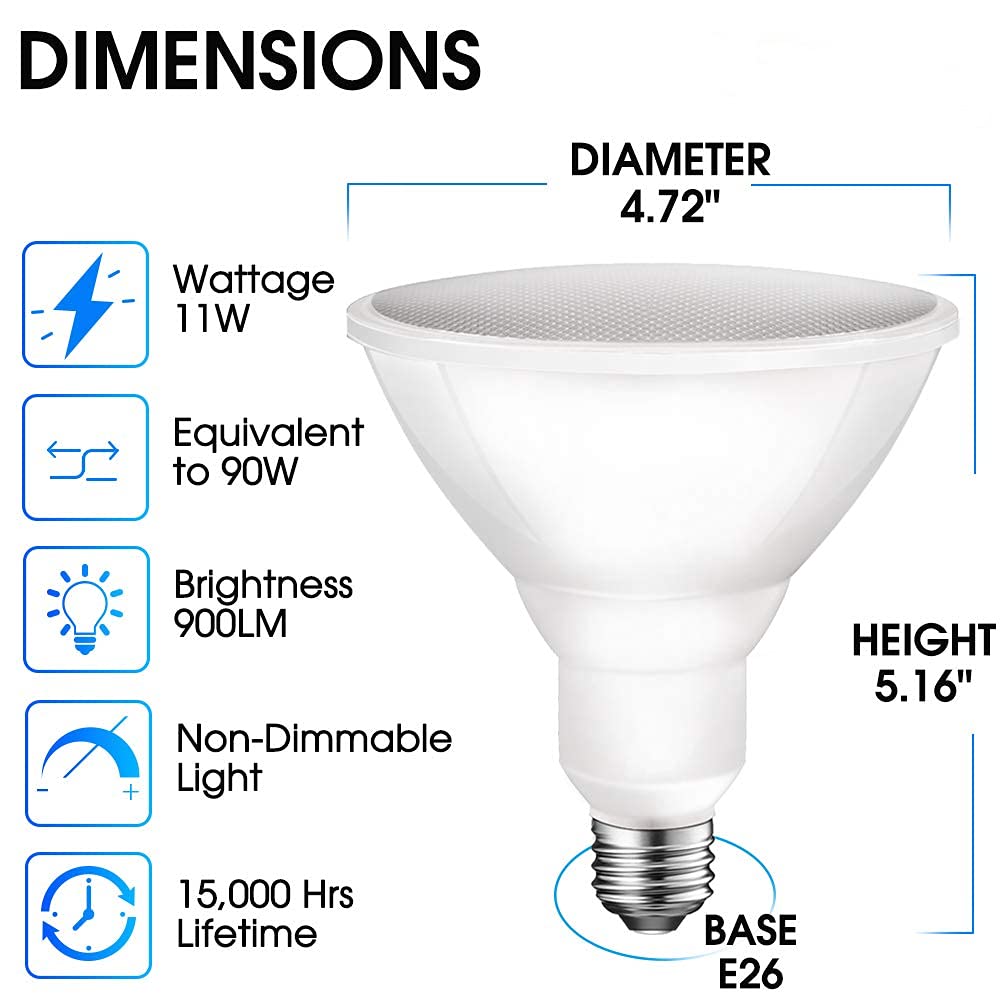 Energetic PAR38 LED Flood Outdoor Light Bulb, 5000K Daylight, 90 Watt Equivalent (11W), Wet Rated, 900LM, E26 Base, Non-Dimmable, 6 Pack