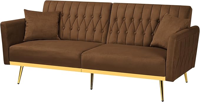 ACMEASE 70” Velvet Futon Sofa Bed with 2 Pillows and Adjustable Armrests, Convertible Sleeper Bed W/Adjustable Backrests, Modern Loveseat for Living Room, Bedroom, Brown