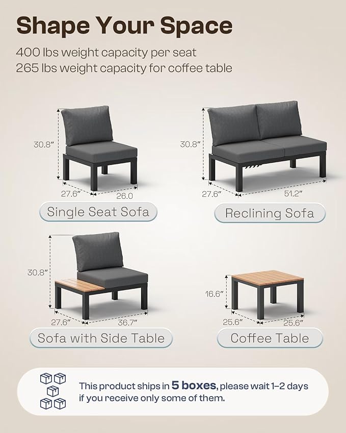 Oasbira Aluminum Modular Outdoor Patio Furniture Set, 8 Seats Sectional Sofa Set with Adjustable Backrest & Thick Cushions, All-Weather L-Shaped Corner Set with Table for Garden & Yard, Graphite