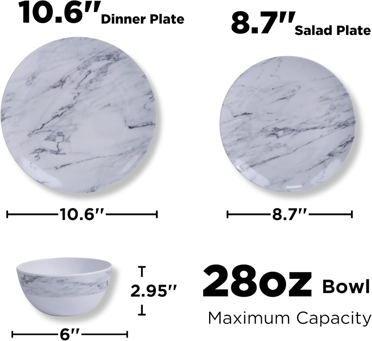 TP 12-Piece Dinnerware Set, Melamine Dishes Set with Bowls and Plates, Non-breakable and Lightweight Dinner Service for 4, Marble Pattern