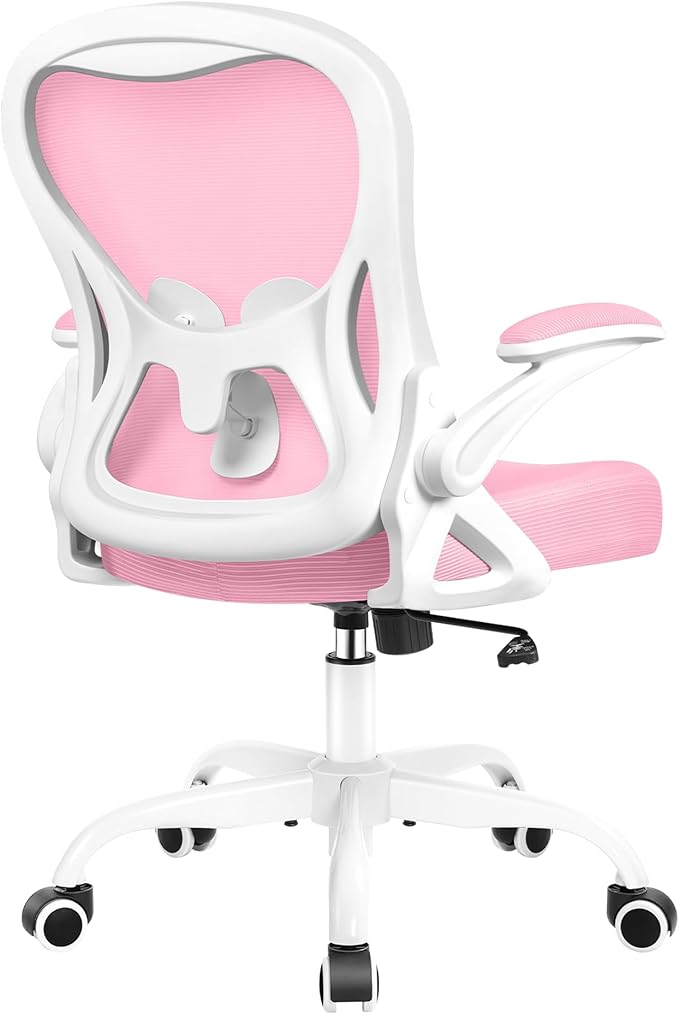 Winrise Ergonomic Office Chair, Mesh Desk Chair with Adjustable Lumbar Support, Flip-Up Armrests, Mid-Back Computer Swivel Task Rolling Chair, Pink