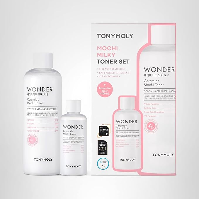 TONYMOLY Mochi Milky Toner Set – Hydrating Korean Toner with Ceramide, Cica, Panthenol & Hyaluronic Acid – Strengthens Skin Barrier, Soothes & Moisturizes – 500ml + 100ml Travel Size Duo