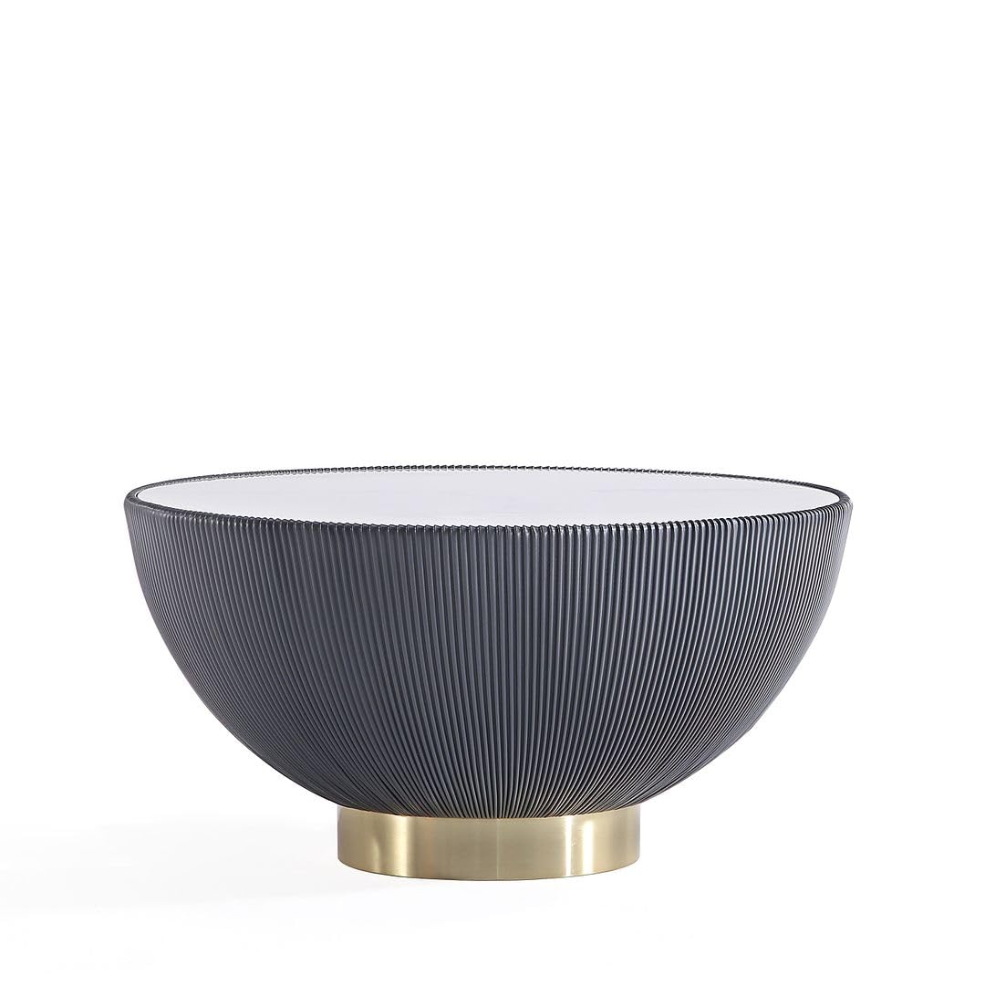 Manhattan Comfort Anderson Modern Low-Profile Round Coffee Table – Ceramic Marble Tabletop, Pleated Leatherette Detail, Gold Base, Fully Assembled Accent Table, Set of 1, Grey