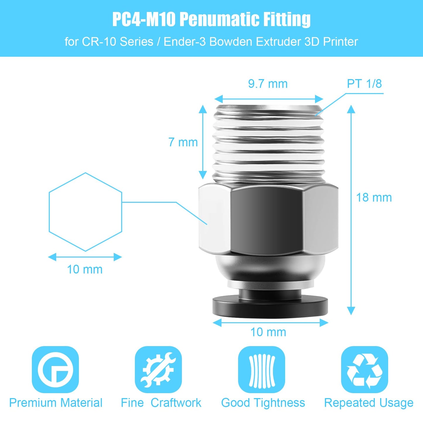 StLiSuYmx 10PCS Premium PC4-M10 Pneumatic Quick Connector Fittings, Bowden Tube Coupler Male Straight PTFE Tube Push for E3D-V6, Bowden Extruder Parts Compatible with Ender-3 and Ender-3 V2 3D Printer