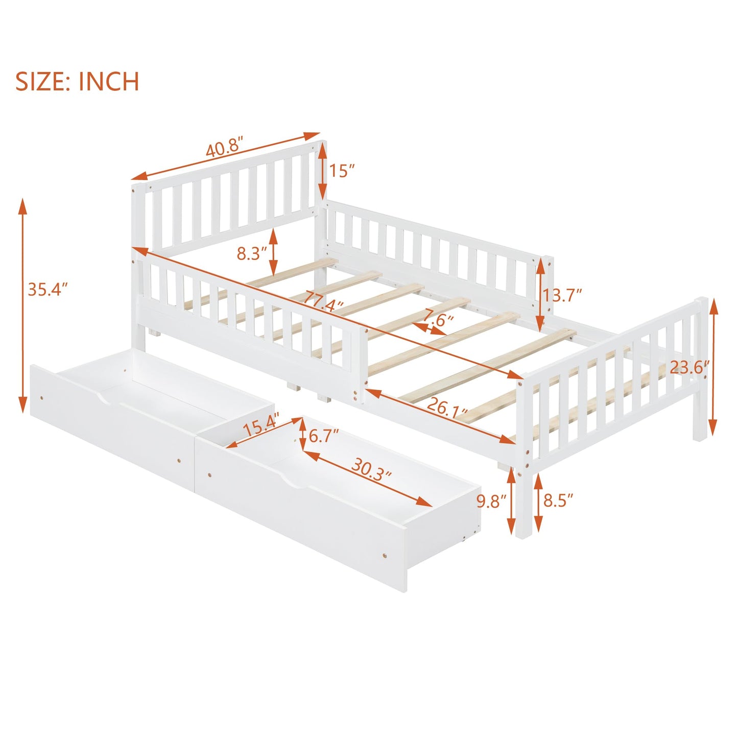 Bellemave Twin Bed Frames with Storage Drawers for Kids, Twin Bed with Rails, Twin beds Frame for Boys/Girls/Adults, White