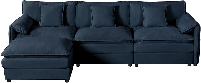 RENDGO 109" Modular Sectional Sofa with 1 Ottoman, Chenille Cloud Couch for Living Room & Apartment, Deep Seat Comfort, Flexible L-Shape Combination Sofa for Home & Office,Blue