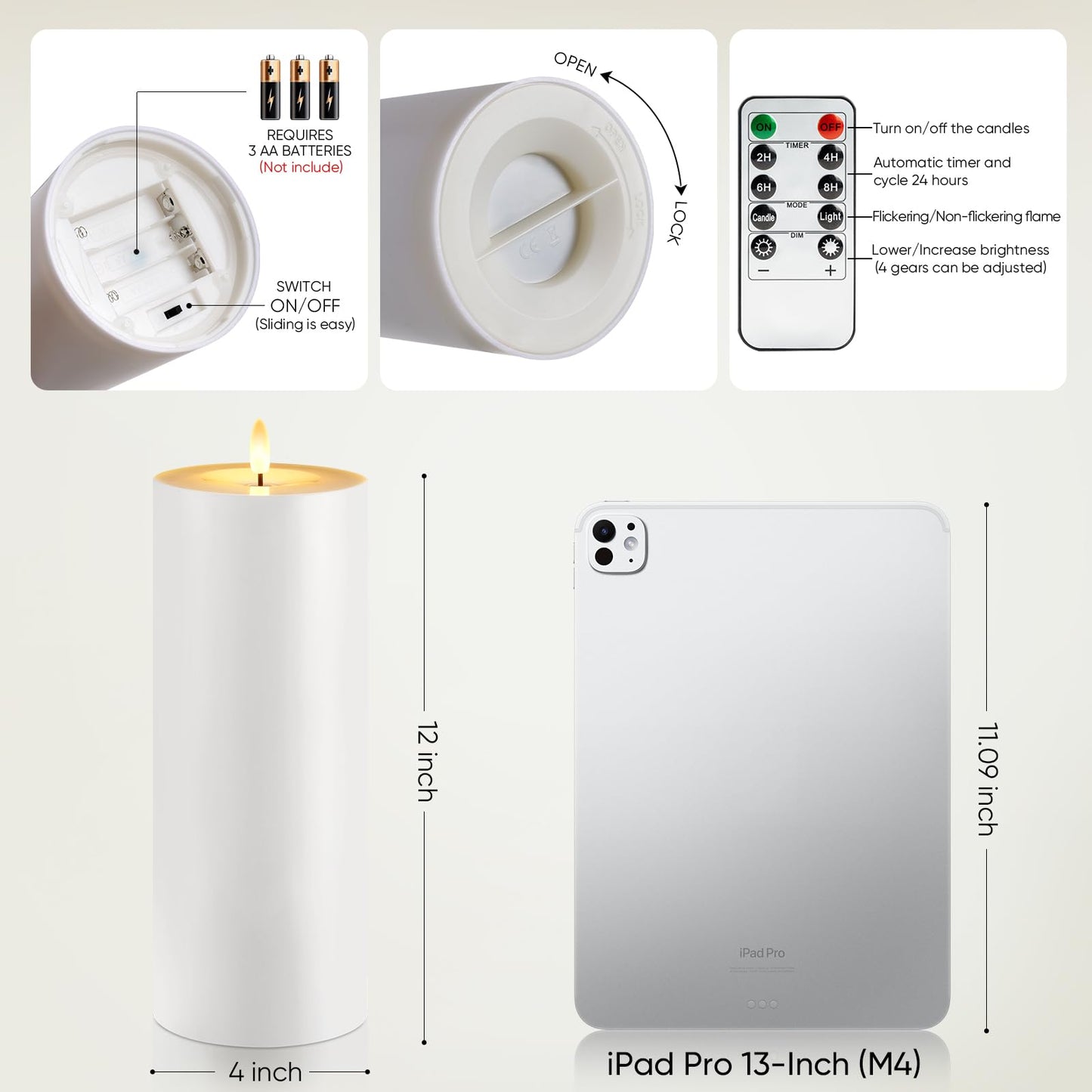 Raycare 2Pcs 4'' X 12'' Large Waterproof Outdoor Flameless Candle, Battery Operated LED Candles with Remote Control and Timer, Electric Fake Plastic Pillar Candles, Ivory