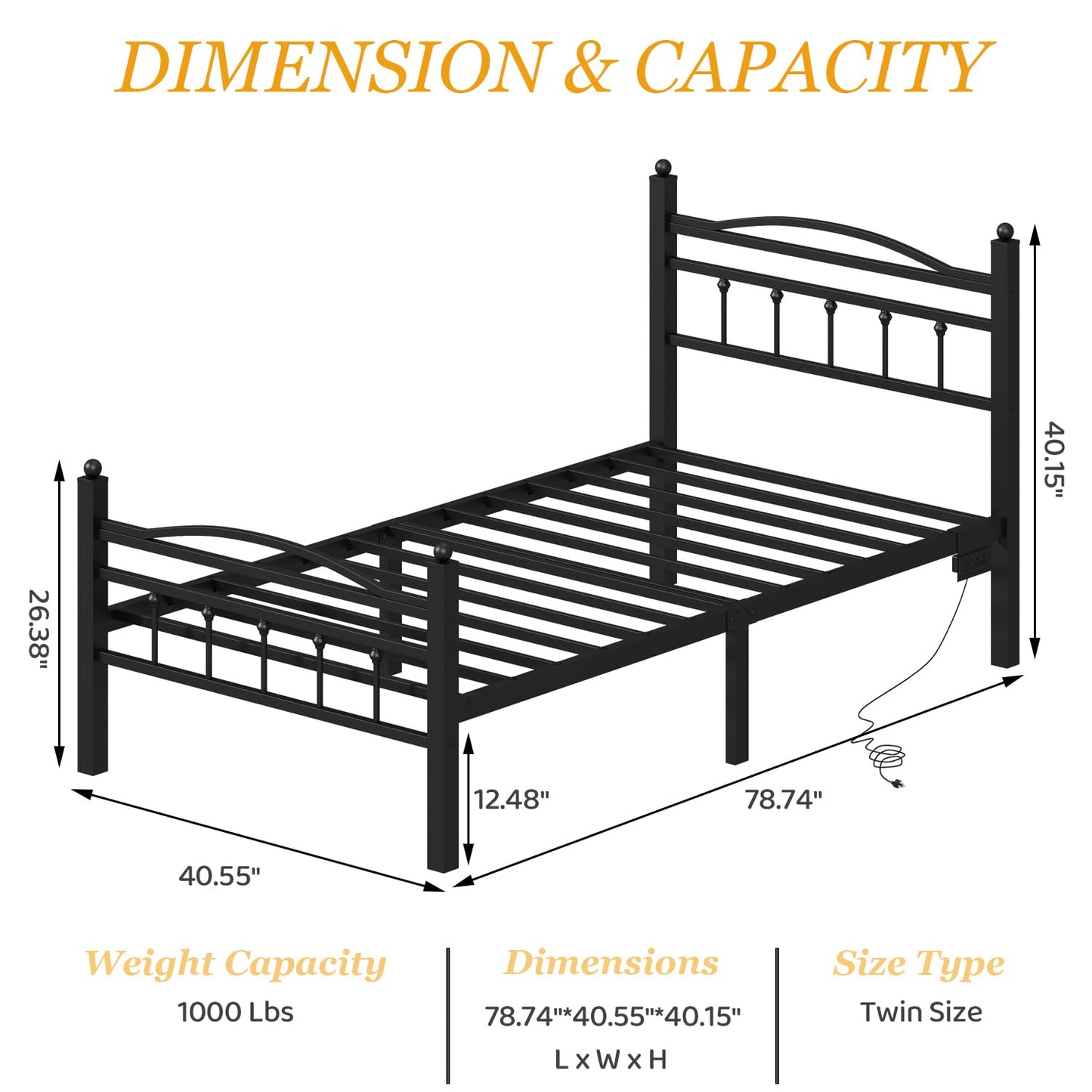 Jenmit Twin Bed Frames with Headboard, LED Bed Frame with Charging Station, Metal Platform, Under-Bed Storage, No Box Spring Needed, Noise Free, Easy Assembly, Black
