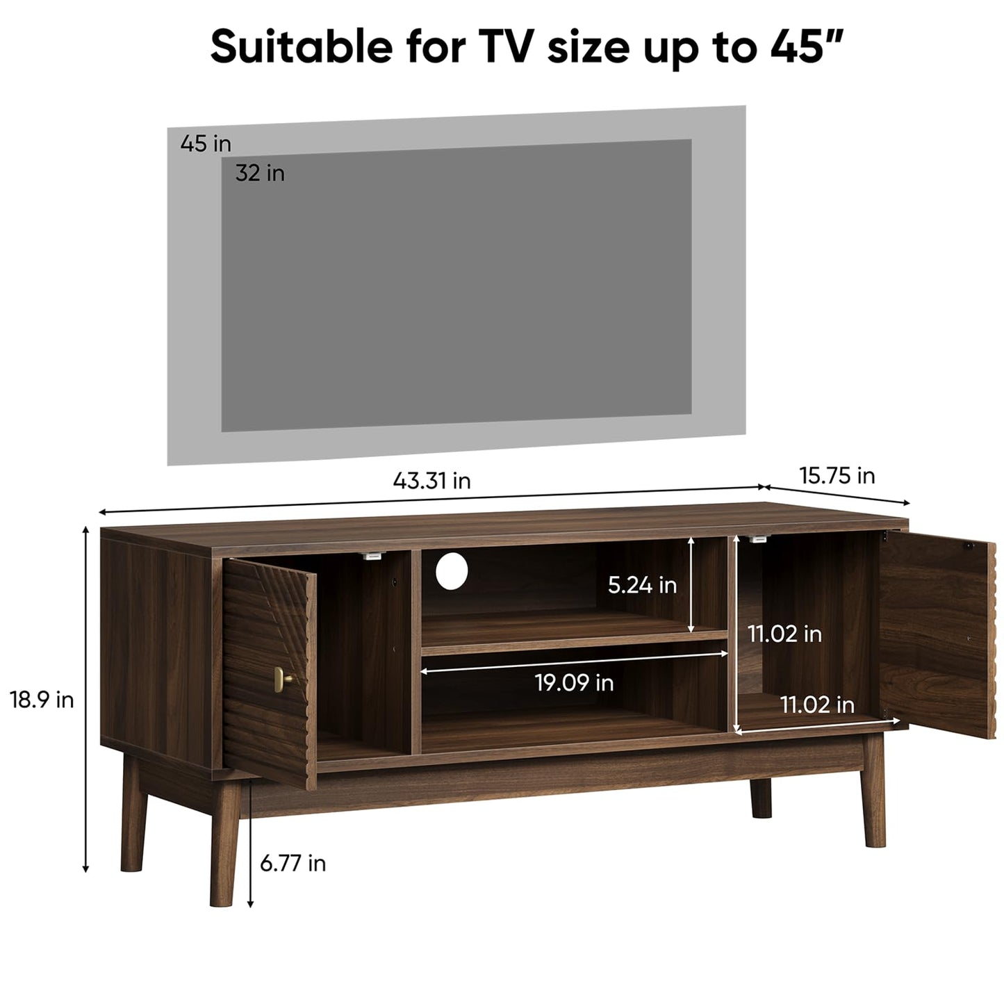 Kiasthome Walnut Mid-Century Modern TV Stand Wood Television Stand for TVs up to 45" Media Console with Storage for Living Room