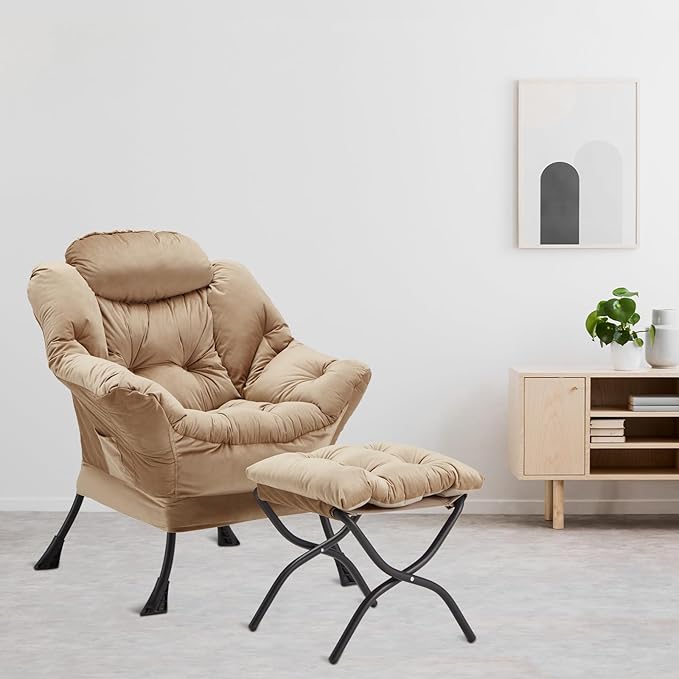 Youtanic Lazy Chair with Folding Ottoman, Accent Chair Velvet Upholstered with Metal Structure and Non-Slip Pads, Sofa Armchair with Footrest and Side Storage Bag for Dorm, Room, Office, Khaki
