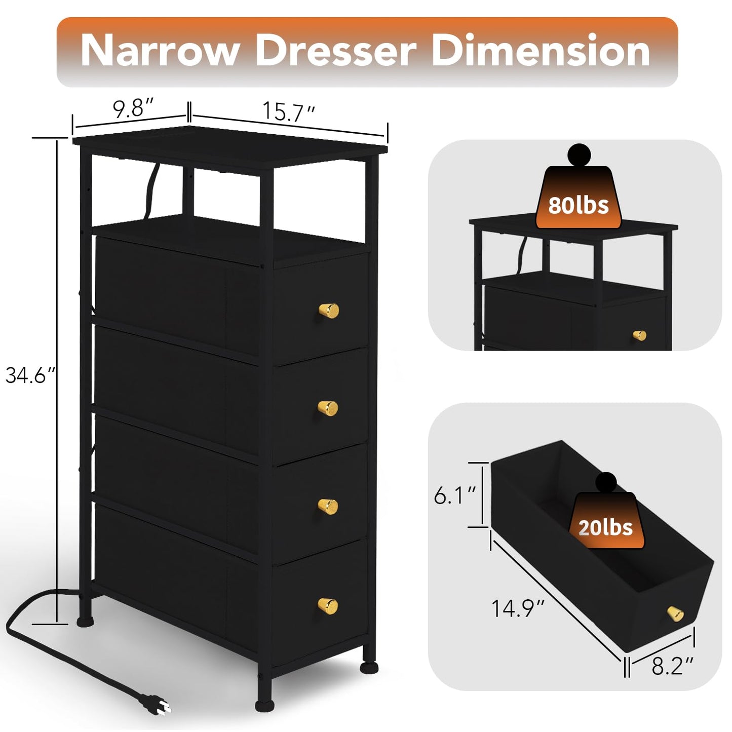 amoorpax Narrow Fabric Dresser for Bedroom, with Charging Station, Small Dressers Bathroom (Black)