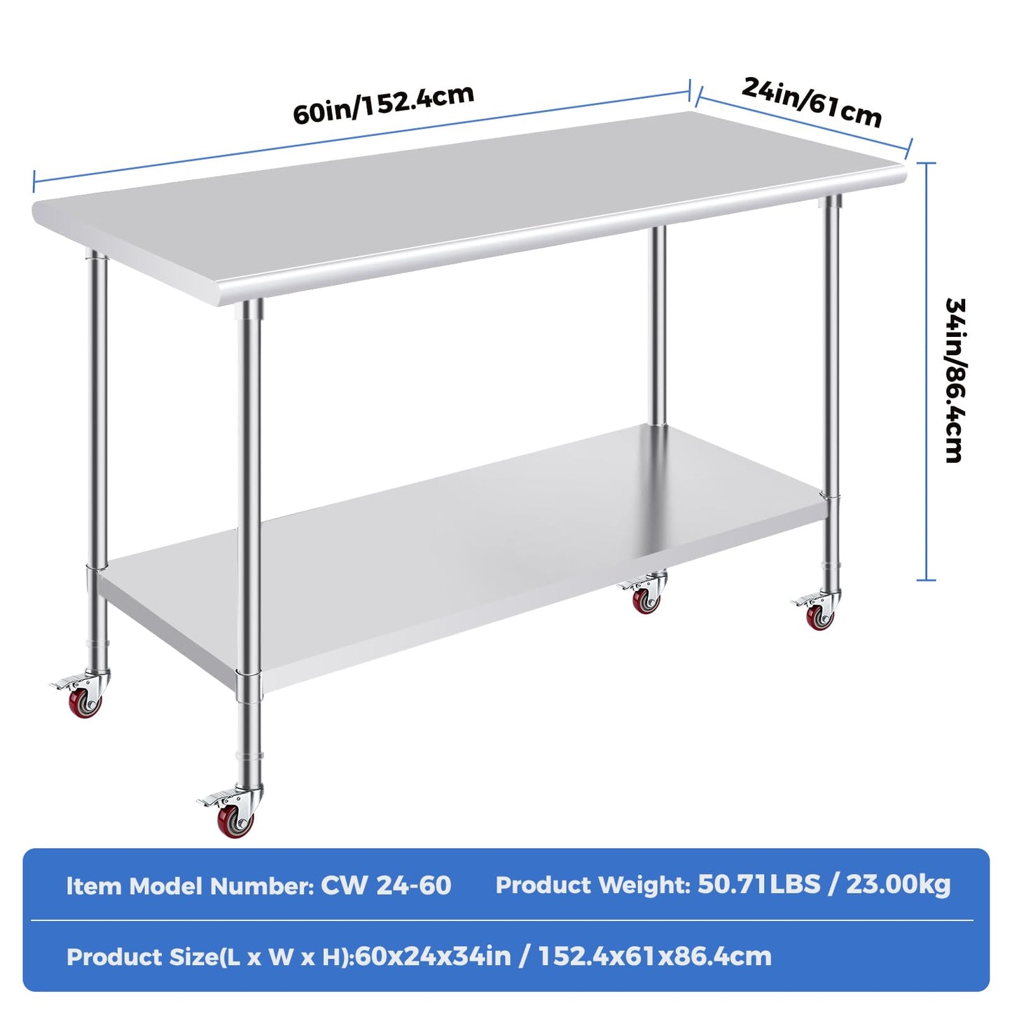 OSTBA Stainless Steel Table for Prep & Work 24x60 Inches with Casters Wheels, NSF Metal Commercial Heavy Duty Table with Adjustable Undershelf for Restaurant Kitchen Home and Hotel