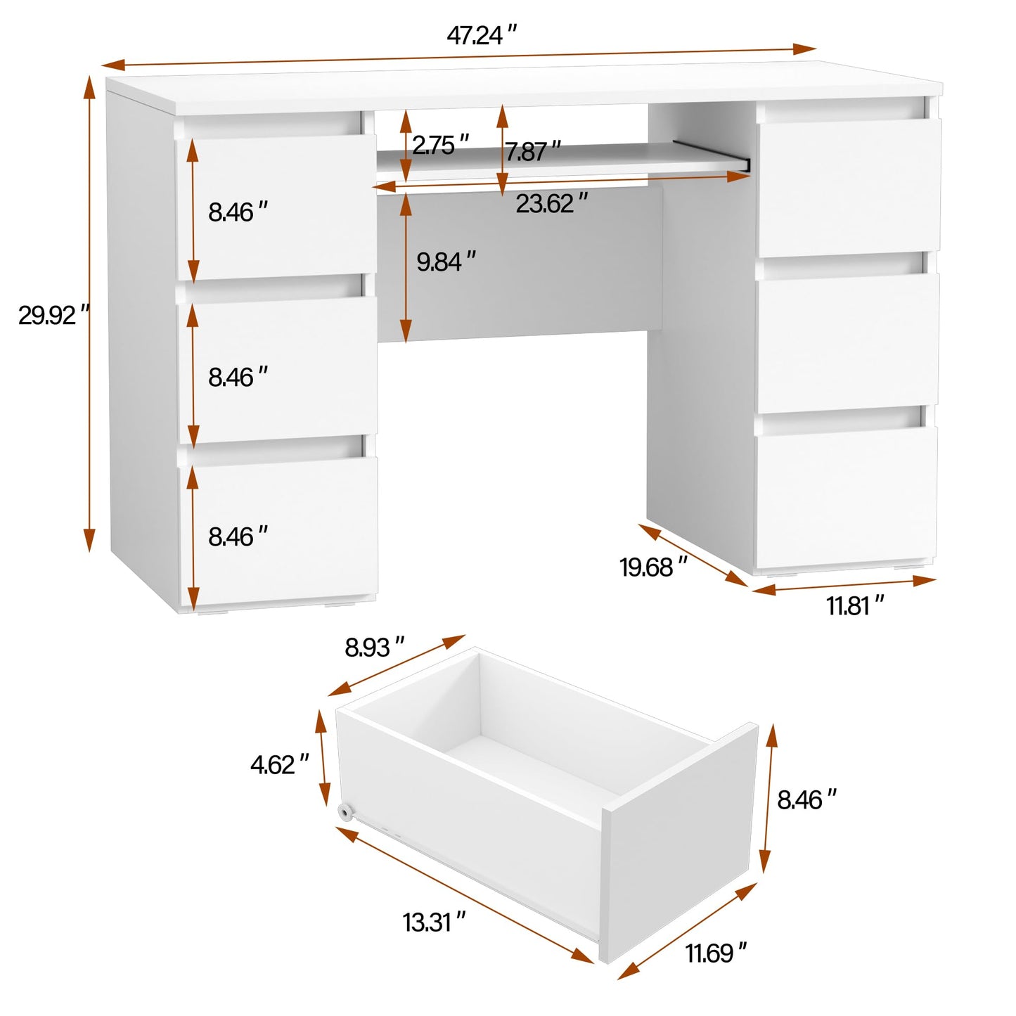 Furniwood White Desk with Drawers Computer Desk for Bedroom, Home Office Table with Storage, 47 Inch Writing Wood Desks Executive Desks, Workbench Study Counter Small Gaming Table, White