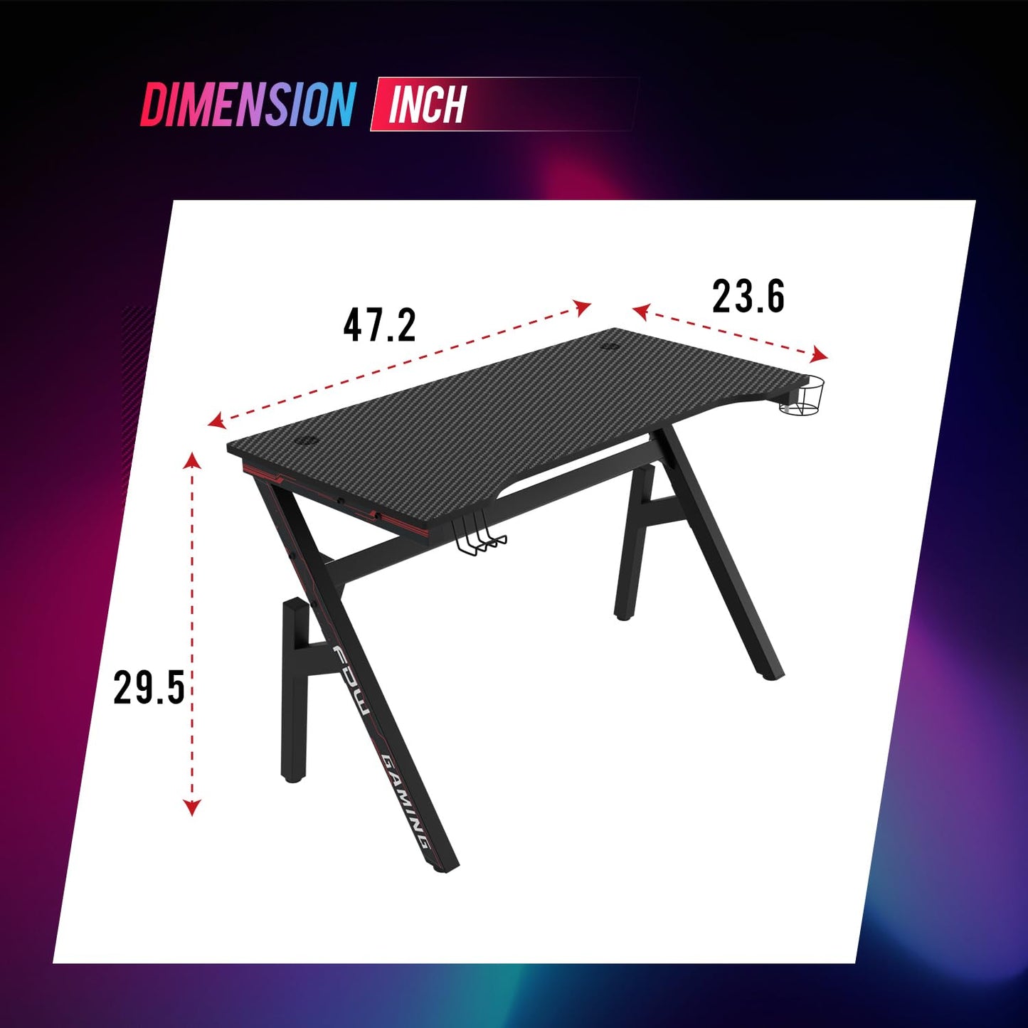 BestOffice | 47" Gaming Desk | Red | Carbon Fiber Textured Computer Desk | Sturdy Steel Frame, Cup Holder, Headphone Hook, Cable Management Holes, Adjustable Leg Pads | for Gamers, Home, Office