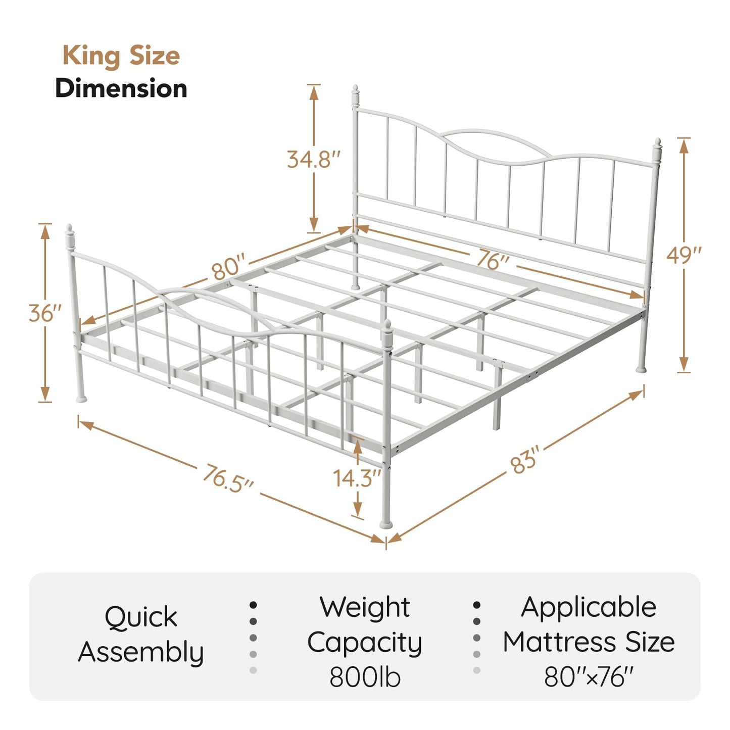 Florise King Size Bed Frame with Headboard,Metal Platform Bed Frame Mattress Foundation with Footboard, Under Bed Storage, Strong Metal Slats Support, No Box Spring Needed, White