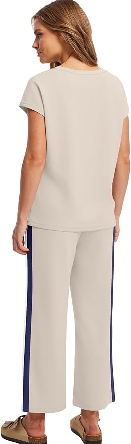 Saloogoe Two Piece Sets for Women Summer Outfits Lounge Sets V Neck Tops Wide Leg Pants Woman Vacation Travel Outfits