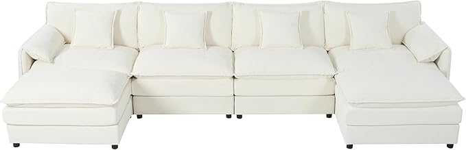 RENDGO 143" Modular Sectional Sofa, Chenille Cloud Couch for Living Rooms & Apartment, Deep Seat Comfort, Flexible U-Shape Combination Sofa for Family Guest Rooms,2 Ottoman,Beige