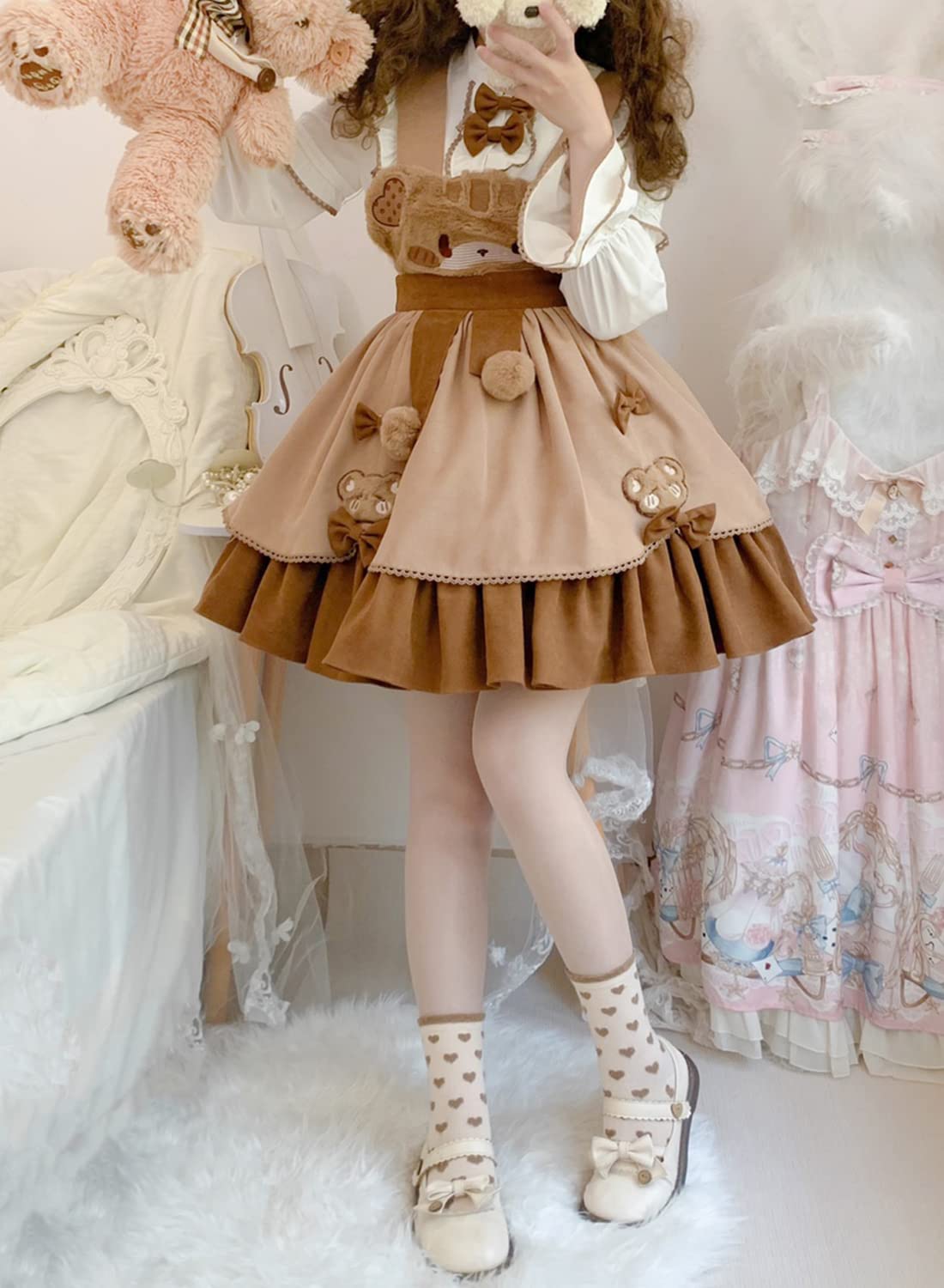 Teen Girls Japanese Kawaii Lolita Costume Plush Cute Bear Suspender Dress Sweet High Waist Princess Party Dresses (as1, alpha, s, regular, Brown, Small)