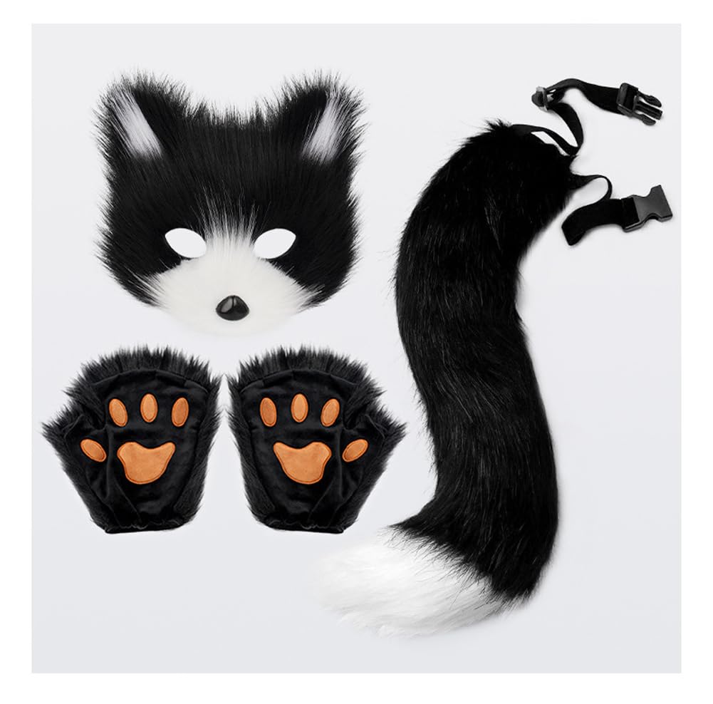 Faux Fur Fox Tail Cat Wolf Cosplay Costume Set Plush Mask Fluffy Paw Gloves Halloween Christmas Party for Girls Women (Black&White)