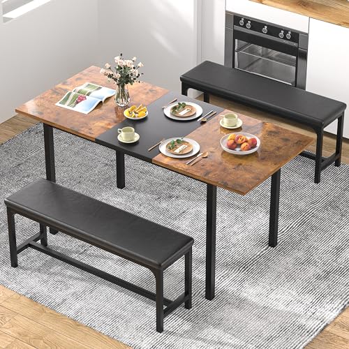 VECELO 3-Piece 63" Extendable Kitchen Table with Benches/Chairs, Modern Breakfast Dinette/Dining Room Set for 4/6/2, Small...
