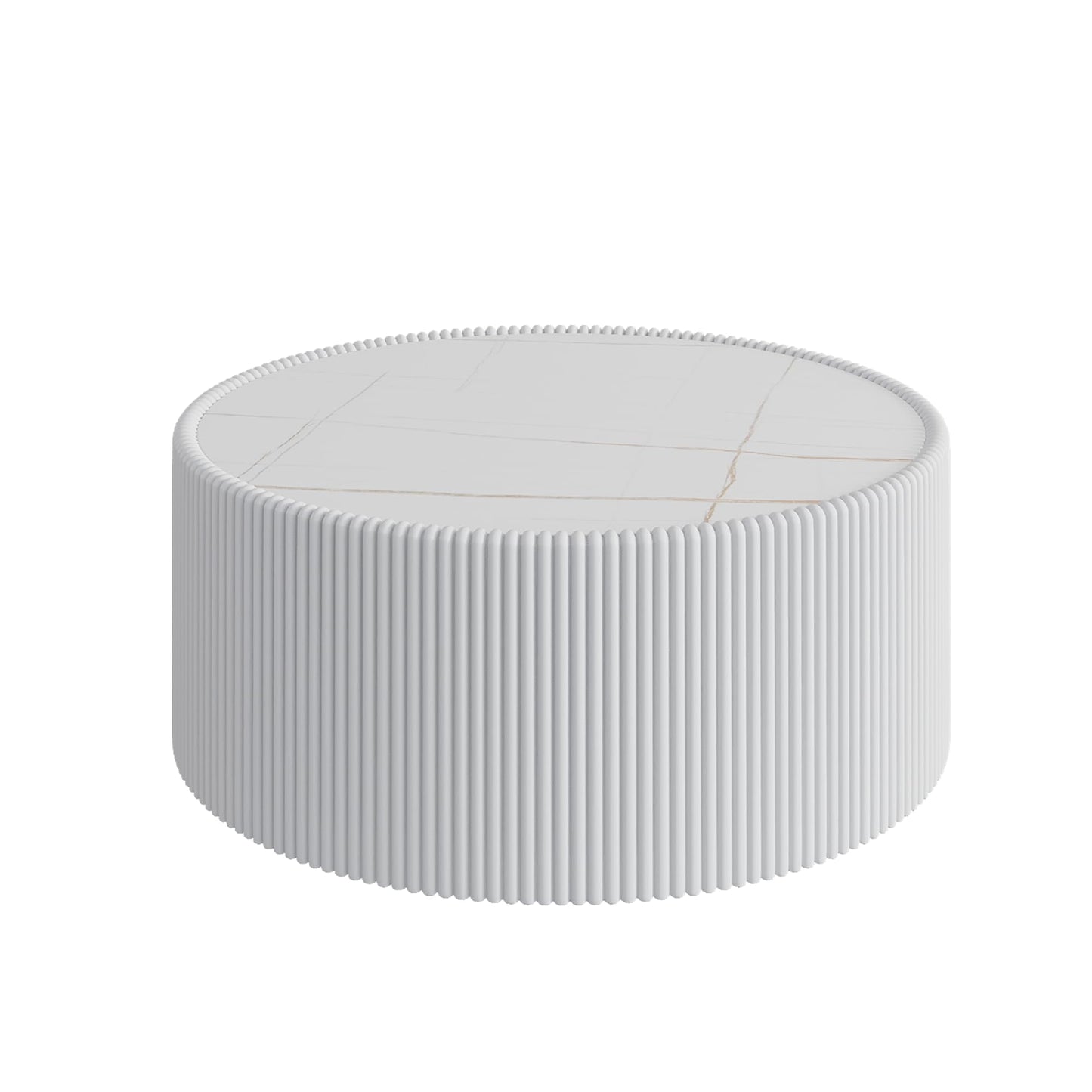 GDFStudio Modern Round Coffee Table, Luxury Sintered Stone Top Circle Coffee Table with PU Leather Drum Base, Creative Shape Small Tables for Living Room Side Tables, Fully Assembled, Milk White-Large
